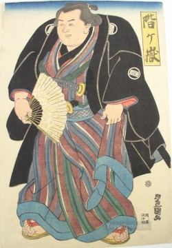 日本 Painting - 青茶色の縞模様の下着を着た力士 歌川豊国 日本人